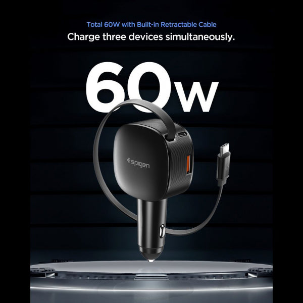 Spigen Car Charger EV603BT Essential, 60W, 3A, 1 x USB-A - 1 x USB-C, with USB-C Cable, Black ACP10515