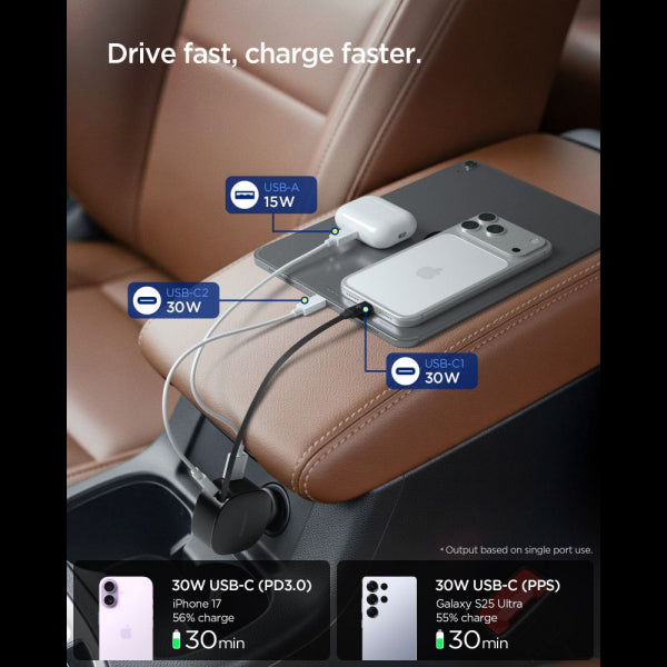 Spigen Car Charger EV603BT Essential, 60W, 3A, 1 x USB-A - 1 x USB-C, with USB-C Cable, Black ACP10515