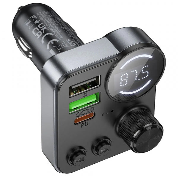 Hoco Bluetooth FM Transmitter and Car Charger E86, 2 x USB-A - 1 x USB-C - 1 x microSD, Black