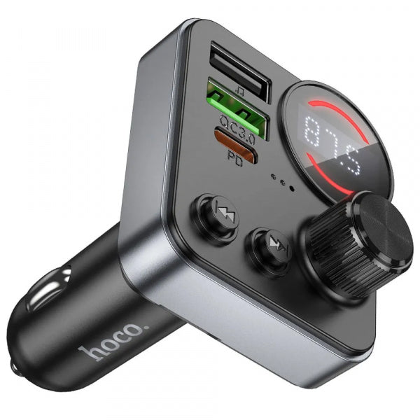 Hoco Bluetooth FM Transmitter and Car Charger E86, 2 x USB-A - 1 x USB-C - 1 x microSD, Black