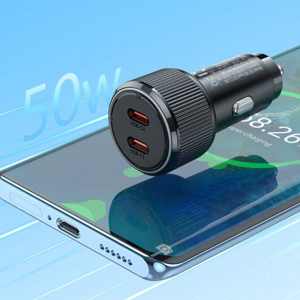 Hoco Car Charger NZ14B, 50W, 3A, 2 x USB-C, Black