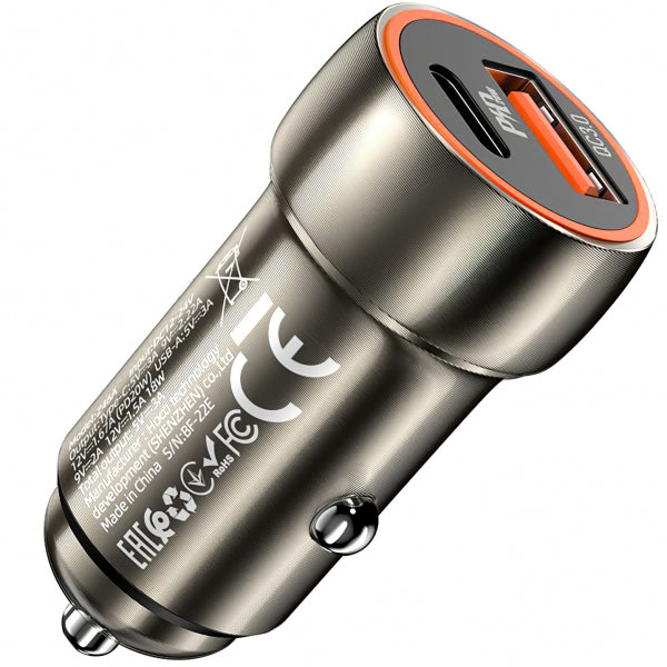 Hoco Car Charger Z46A, 20W, 3A, 1 x USB-A - 1 x USB-C, Grey