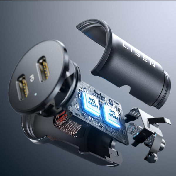 Lisen Car Charger 45W, 3A, 2 x USB-C, Black YL0223080007