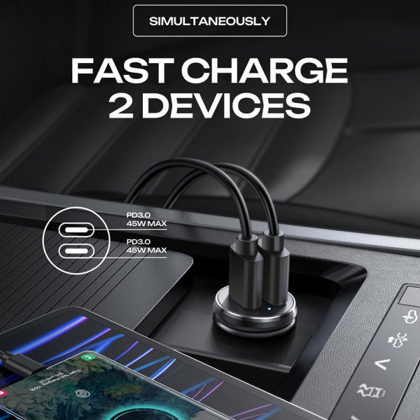 Lisen Car Charger 45W, 3A, 2 x USB-C, Black YL0223080007