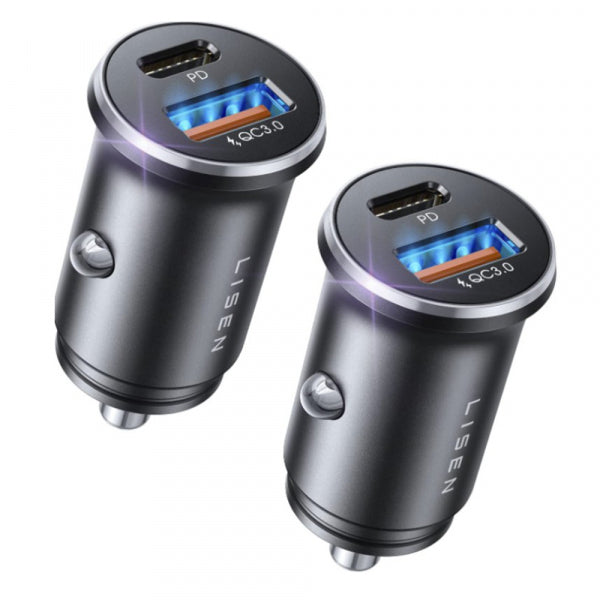 Lisen Car Charger 51W, 3A, 1 x USB-A - 1 x USB-C, 2-Pack, Black YL0223080037