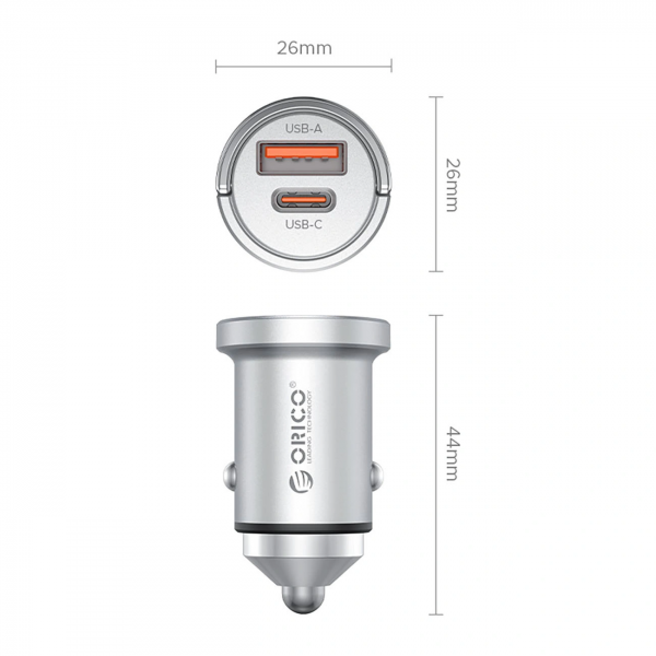 Orico Car Charger MiniRing Pro, 45W, 3A, 1 x USB-A - 1 x USB-C, Silver