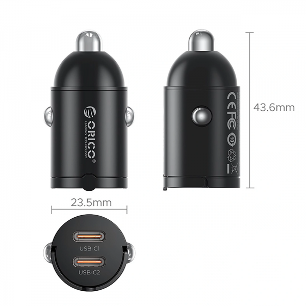 Orico Car Charger MiniRing, 30W, 3A, 2 x USB-C, Black