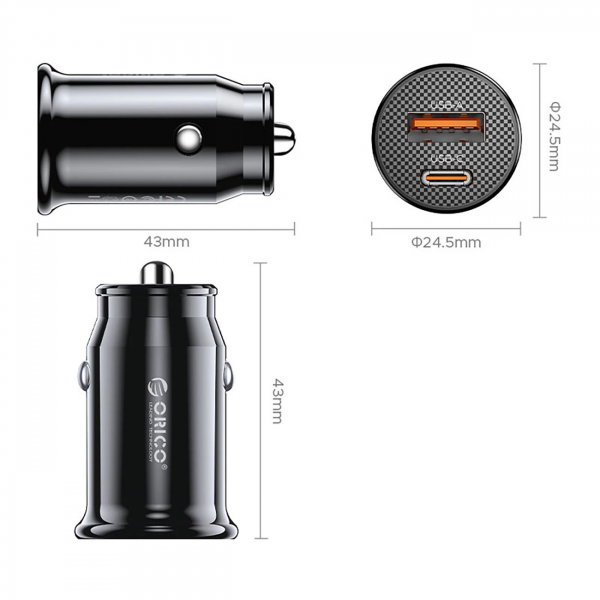 Orico Car Charger PowerMini, 30W, 3A, 1 x USB-A - 1 x USB-C, Black