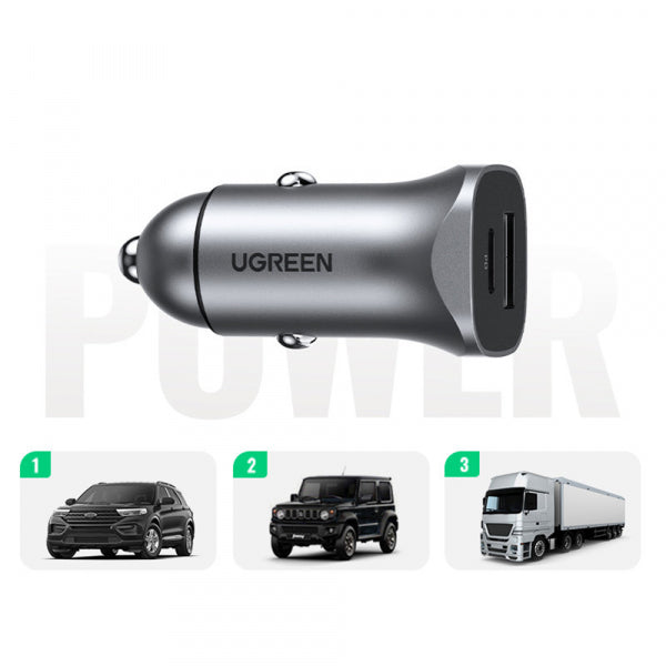 Ugreen Car Charger CD130, 24W, 3A, 1 x USB-A - 1 x USB-C, Grey
