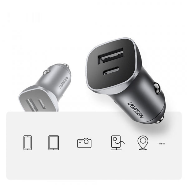 Ugreen Car Charger CD130, 24W, 3A, 1 x USB-A - 1 x USB-C, Grey