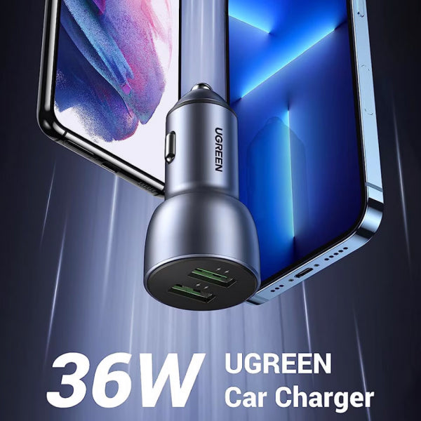 Ugreen Car Charger CD213, 36W, 3A, 2 x USB-A, Grey
