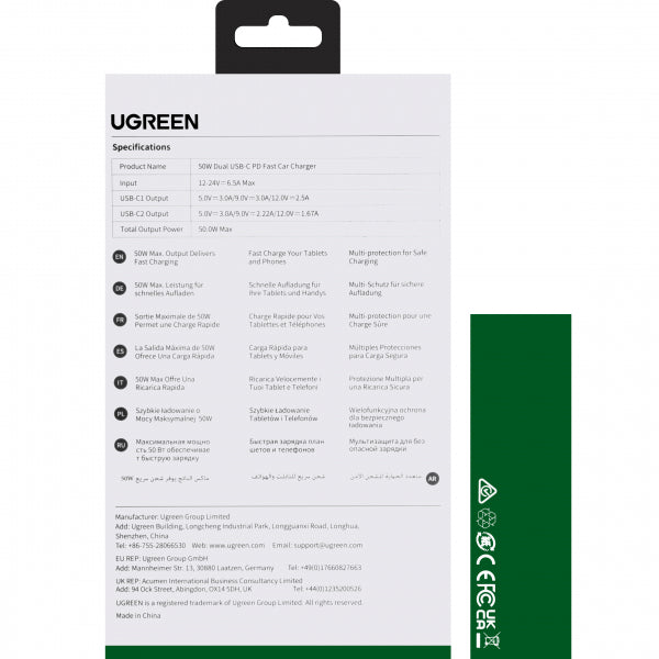 Ugreen Car Charger CD213, 36W, 3A, 2 x USB-C, Grey