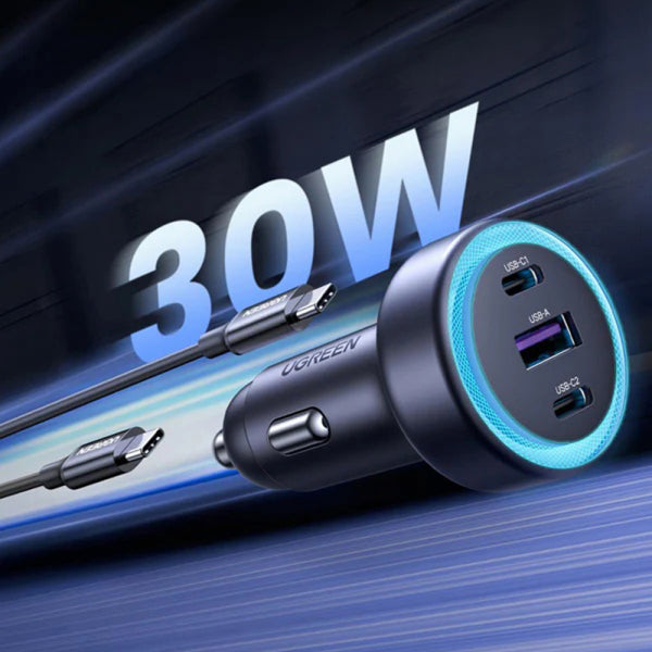 Ugreen Car Charger EC307, 30W, 3A, 1 x USB-A - 2 x USB-C, Grey
