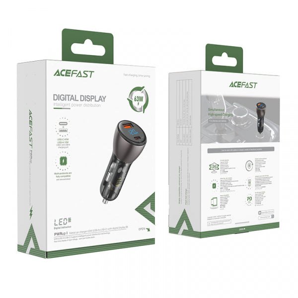 Acefast Car Charger B6, 63W, 3.6A, 1 x USB-A - 1 x USB-C, Black