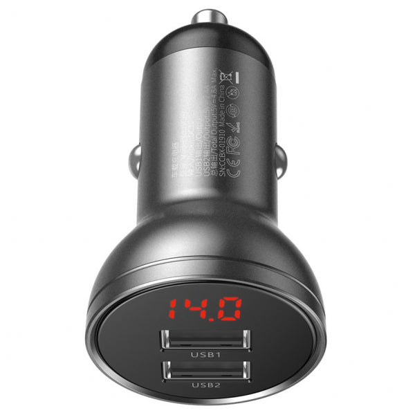 Baseus Car Charger Digital Display, 24W, 2.4A, 2 x USB-A, Grey CCBX-0G