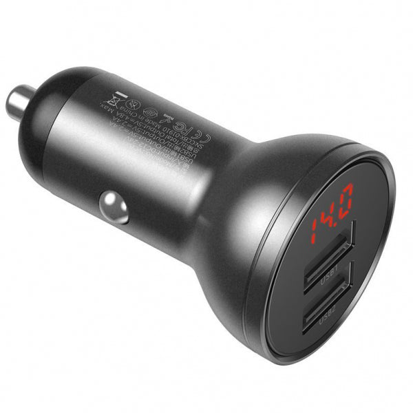 Baseus Car Charger Digital Display, 24W, 2.4A, 2 x USB-A, Grey CCBX-0G