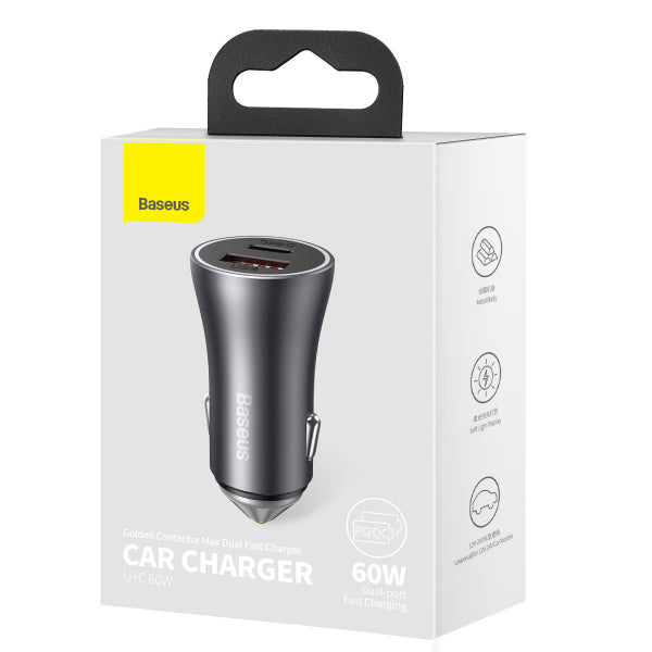 Baseus Car Charger Golden Contactor Max, 60W, 3A, 1 x USB-A - 1 x USB-C, Grey CGJM000113