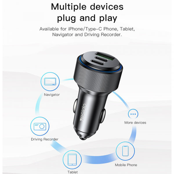 Yesido Car Charger Y50, 60W, 3A, 1 x USB-A - 2 x USB-C, Black