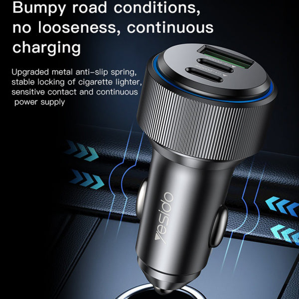 Yesido Car Charger Y50, 60W, 3A, 1 x USB-A - 2 x USB-C, Black