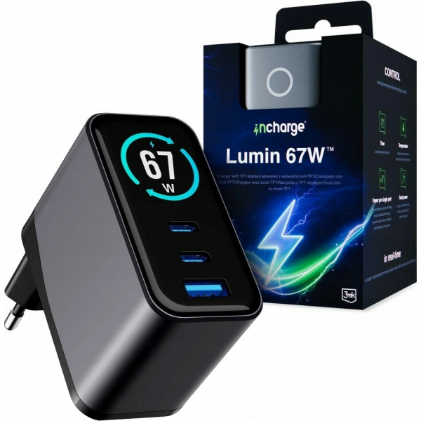 3MK Wall Charger InCharge Lumin Display, 67W, 5A, 1 x USB-A - 2 x USB-C, Black