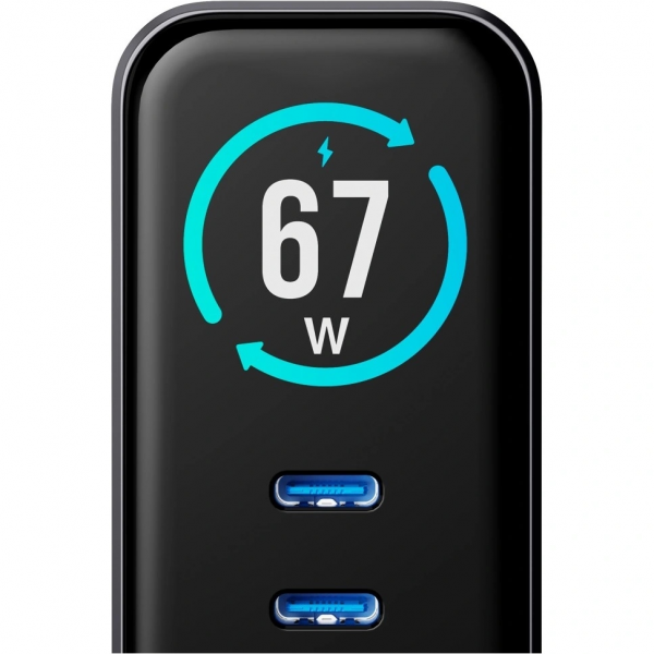 3MK Wall Charger InCharge Lumin Display, 67W, 5A, 1 x USB-A - 2 x USB-C, Black