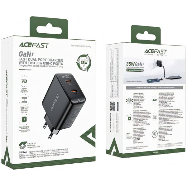 Acefast Wall Charger A49, 35W, 3A, 2 x USB-C, Black