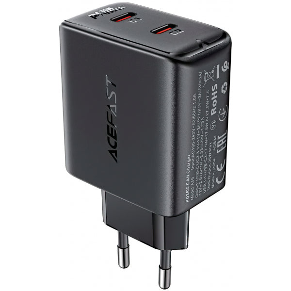 Acefast Wall Charger A49, 35W, 3A, 2 x USB-C, Black