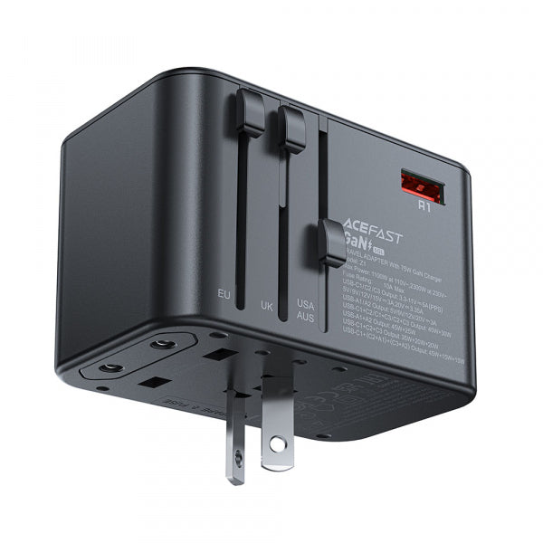 Acefast Wall Charger Travel Z1, 75W, 3.35A, 2 x USB-A - 3 x USB-C, Black