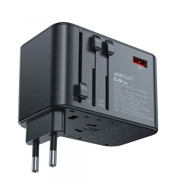 Acefast Wall Charger Travel Z1, 75W, 3.35A, 2 x USB-A - 3 x USB-C, Black