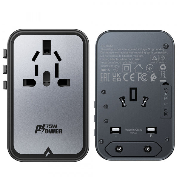 Acefast Wall Charger Travel Z1, 75W, 3.35A, 2 x USB-A - 3 x USB-C, Black
