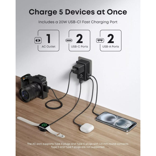 Anker Wall Charger Nano Travel, 20W, 3A, 2 x USB-A - 2 x USB-C, Black A9215H11
