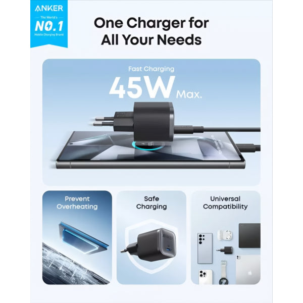 Anker Wall Charger Nano, 45W, 3A, 1 x USB-C, Black A2692L11