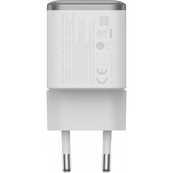 Anker Wall Charger Nano Display, 45W, 3A, 1 x USB-C, White A121DG21