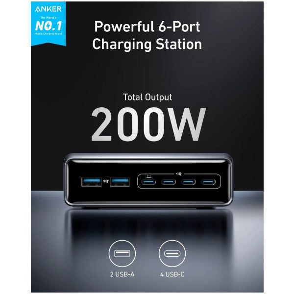 Anker Desktop Charger Prime, 200W, 3A, 2 x USB-A - 4 x USB-C, Black