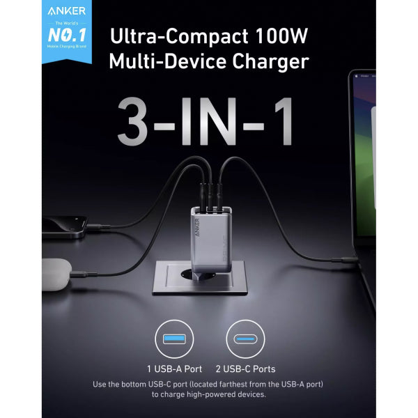 Anker Wall Charger Prime, 100W, 3A, 1 x USB-A - 2 x USB-C, Grey A2688341