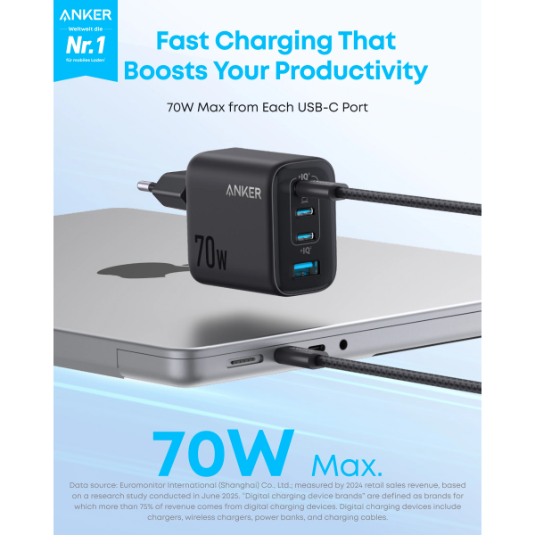 Anker Wall Charger Zolo, 70W, 1 x USB-A - 3 x USB-C, Black A121CG11