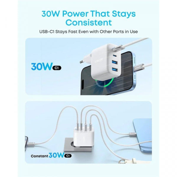 Anker Wall Charger Zolo, 50W, 3A, 2 x USB-A - 2 x USB-C, White A121EG21