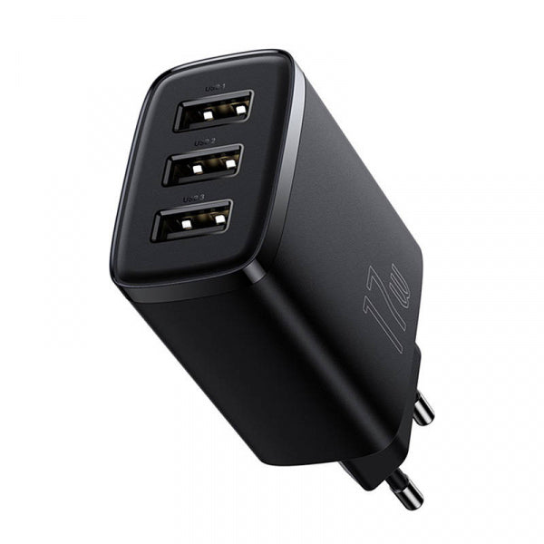 Baseus Wall Charger Compact 3U, 17W, 2.1A, 3 x USB-A, Black CCXJ020101