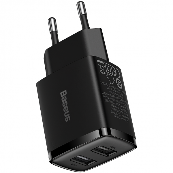 Baseus Wall Charger Compact, 10.5W, 2.1A, 2 x USB-A, Black CCXJ010201