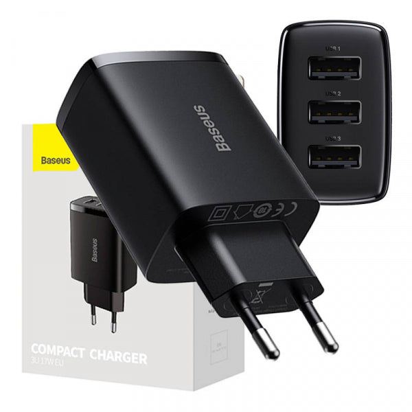 Baseus Wall Charger Compact 3U, 17W, 2.1A, 3 x USB-A, Black CCXJ020101
