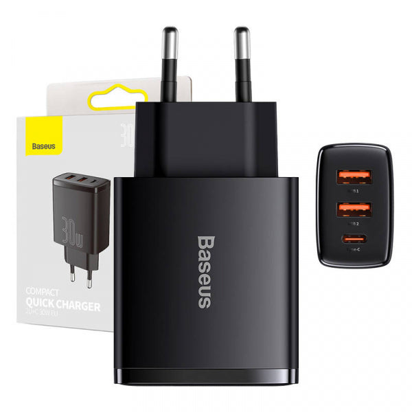 Baseus Wall Charger Compact, 30W, 3A, 1 x USB-C - 2 x USB-A, Black CCXJ-E01