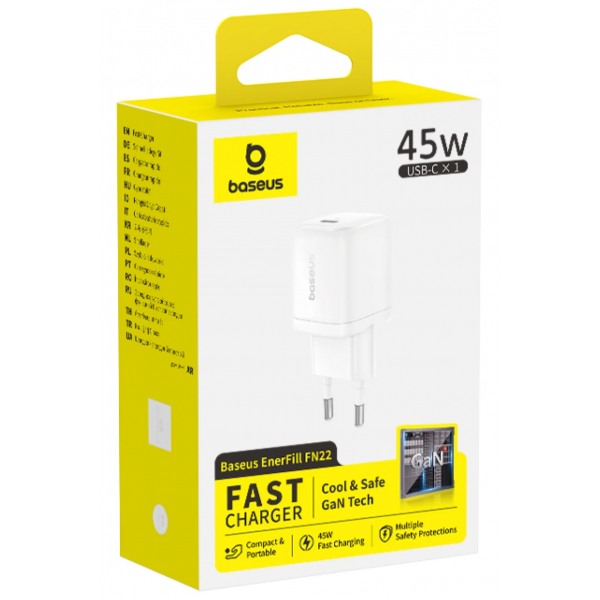 Baseus Wall Charger EnerFill FN22, 45W, 3A, 1 x USB-C, White E0123301
