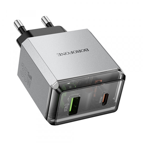 Borofone Wall Charger BN20 Lena, 35W, 3A, 1 x USB-A - 1 x USB-C, Grey