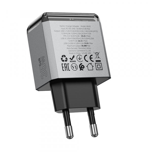 Borofone Wall Charger BN20 Lena, 35W, 3A, 1 x USB-A - 1 x USB-C, Grey