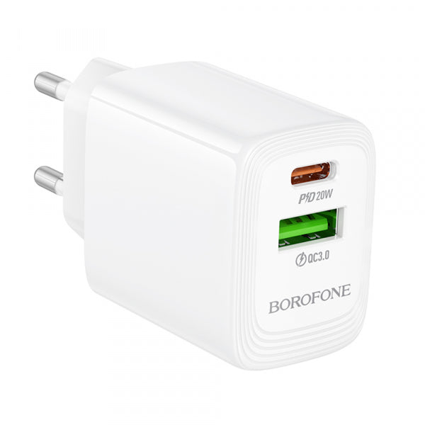 Borofone Wall Charger BN27 Fuente, 20W, 3A, 1 x USB-A - 1 x USB-C, White
