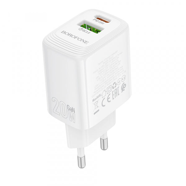 Borofone Wall Charger BN27 Fuente, 20W, 3A, 1 x USB-A - 1 x USB-C, White