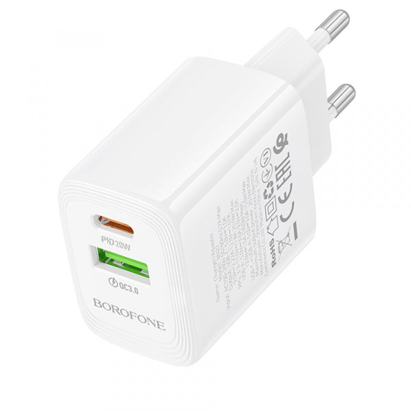 Borofone Wall Charger BN27 Fuente, 20W, 3A, 1 x USB-A - 1 x USB-C, White