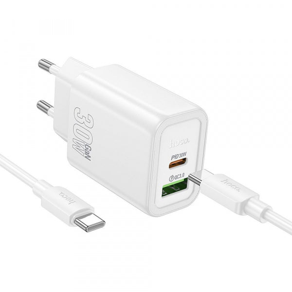 Hoco Wall Charger N63, 30W, 3A, 1 x USB-A - 1 x USB-C, with USB-C Cable, White