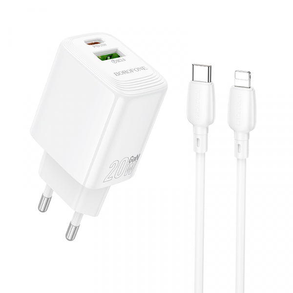 Borofone Wall Charger BN27 Fuente, 20W, 3A, 1 x USB-A - 1 x USB-C, with Lightning Cable, White