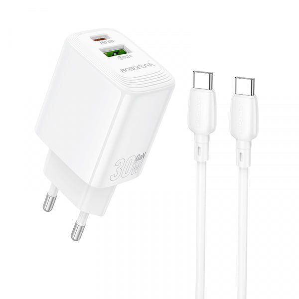 Borofone Wall Charger BN29 Fuente, 30W, 3A, 1 x USB-A - 1 x USB-C, with USB-C Cable, White
